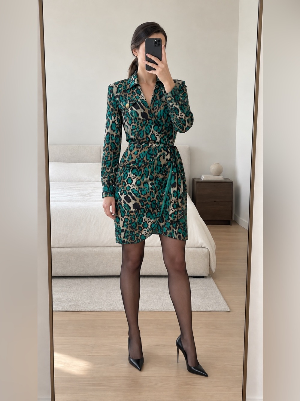 Pinko Green Leopard Print Shirt Dress Tie Waist Designer Mini Dress IT38